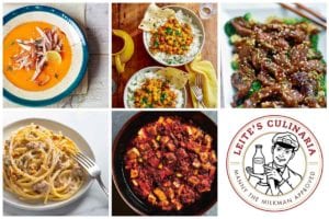 A grid of five weeknight winners, including carrot and chicken soup, curried chickpeas, beef and broccoli, blue cheese and walnut pasta, mapo tofu, and a Manny the Milkman logo.