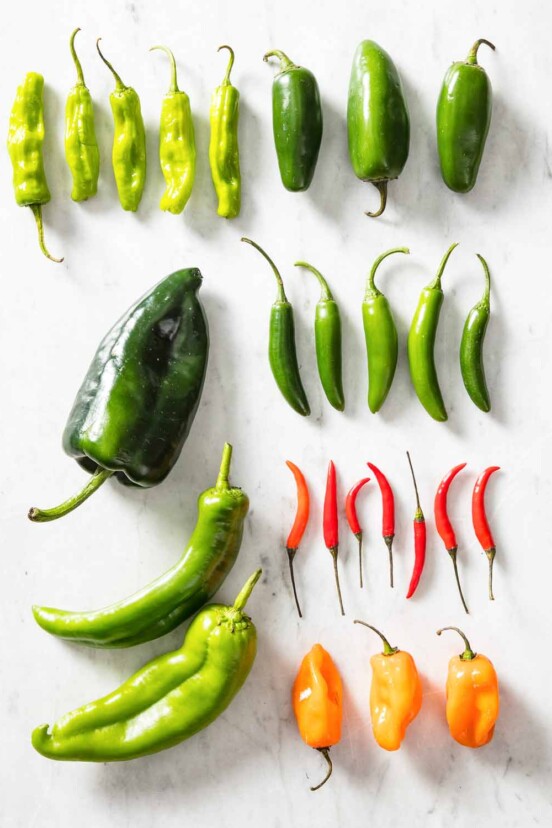 A collection of chile peppers as illustration for 'what's the difference among chile peppers?'