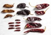 Several types of dried chile peppers to illustrate the difference among dried chile peppers.