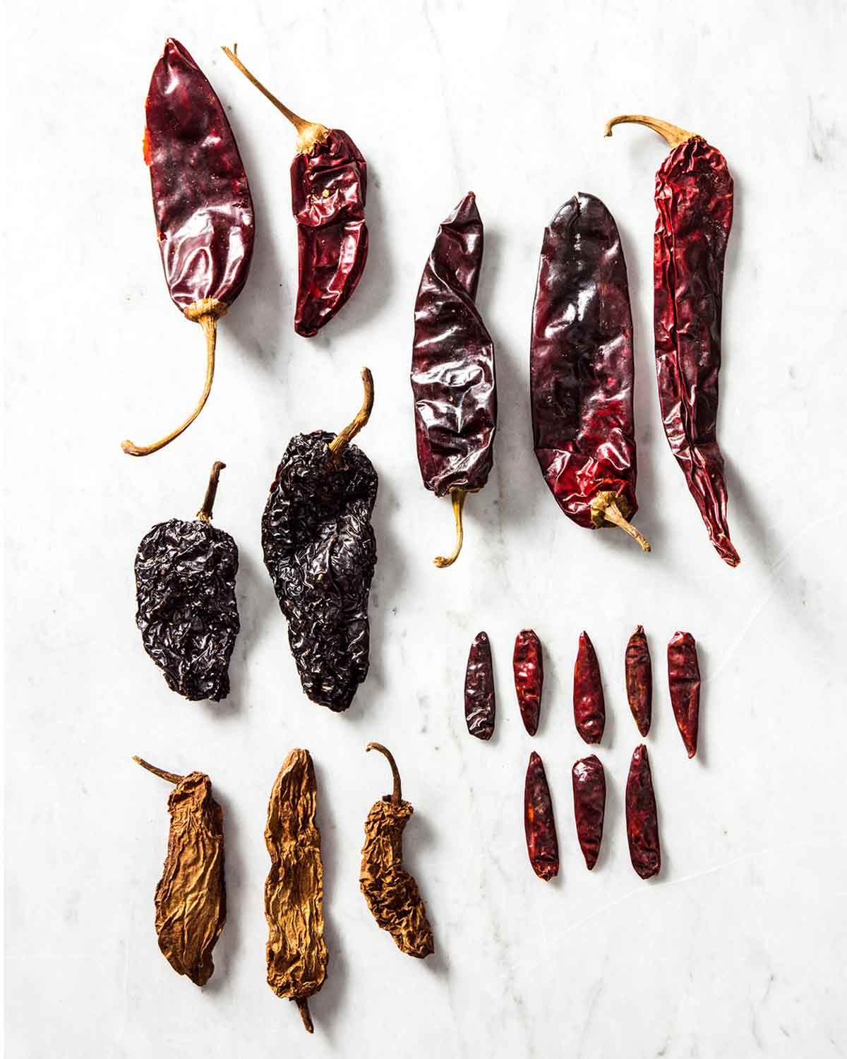 Several types of dried chile peppers to illustrate the difference among dried chile peppers.