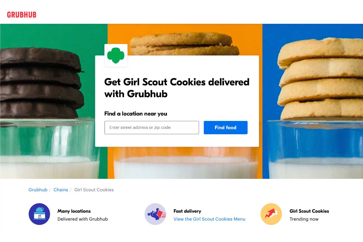 The GrubHub web page advertising Girl Scout cookie delivery.