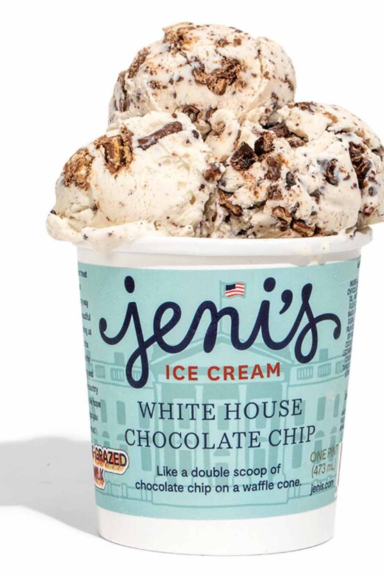 A container of White House chocolate chip ice cream.