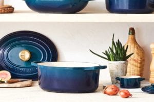 Products from the line where Le Creuset introduces Its newest color, agave.