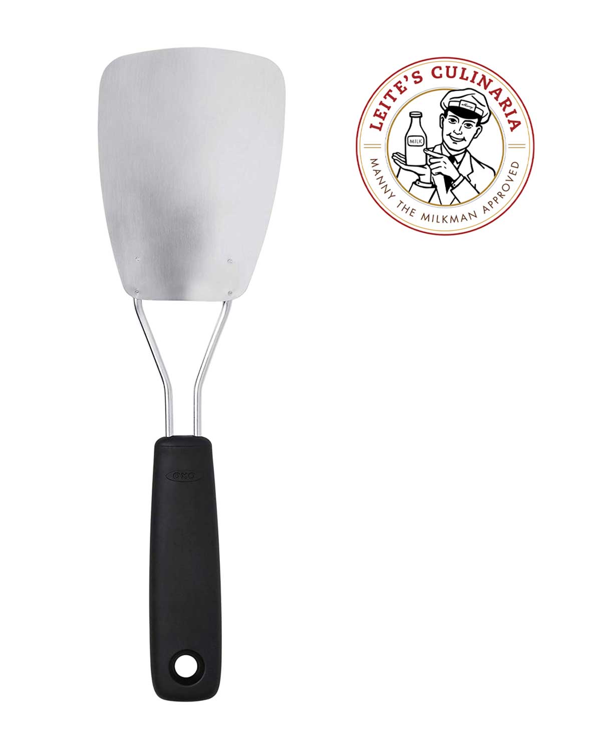 An OXO Flexible Spatula on the left with the Leite's Loves symbol on the right.