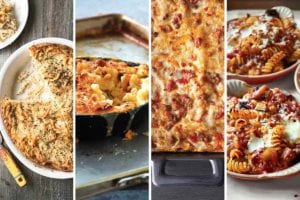 Four of 10 baked pasta recipes -- cacio e pepe kugel, baked mac and cheese, lasagna Bolognese, and baked pasta with tomatoes and eggplant.