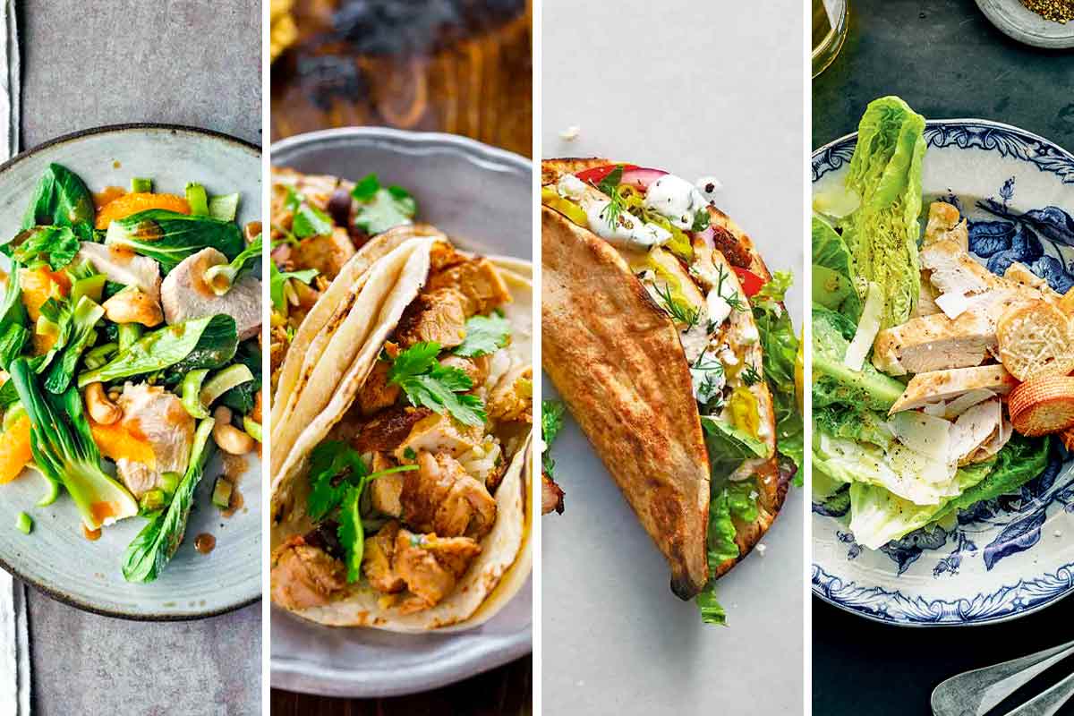 Images of four of the 14 boneless skinless chicken breast recipes -- chicken salad, tacos, gyros, and chicken Caesar.