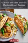Images of two of the 14 boneless skinless chicken breast recipes -- tequila lime chicken tacos and chicken gyros.