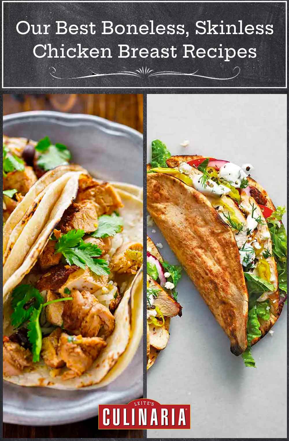 Images of two of the 14 boneless skinless chicken breast recipes -- tequila lime chicken tacos and chicken gyros.