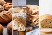 Images of four of the 27 bread recipes -- no knead 5 minute artisan bread, ciabatta, sourdough, and beer bread