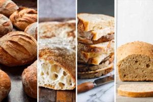 Images of four of the 27 bread recipes -- no knead 5 minute artisan bread, ciabatta, sourdough, and beer bread