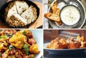 Images of four of the 15 cauliflower recipes -- roasted cauliflower with tahini, cauliflower soup, roasted curried cauliflower, and buffalo cauliflower.