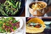 Images of four of the 15 chile pepper recipes -- blistered shishito peppers, green chile macaroni and cheese, Thai beef salad, and pulled pork tacos.