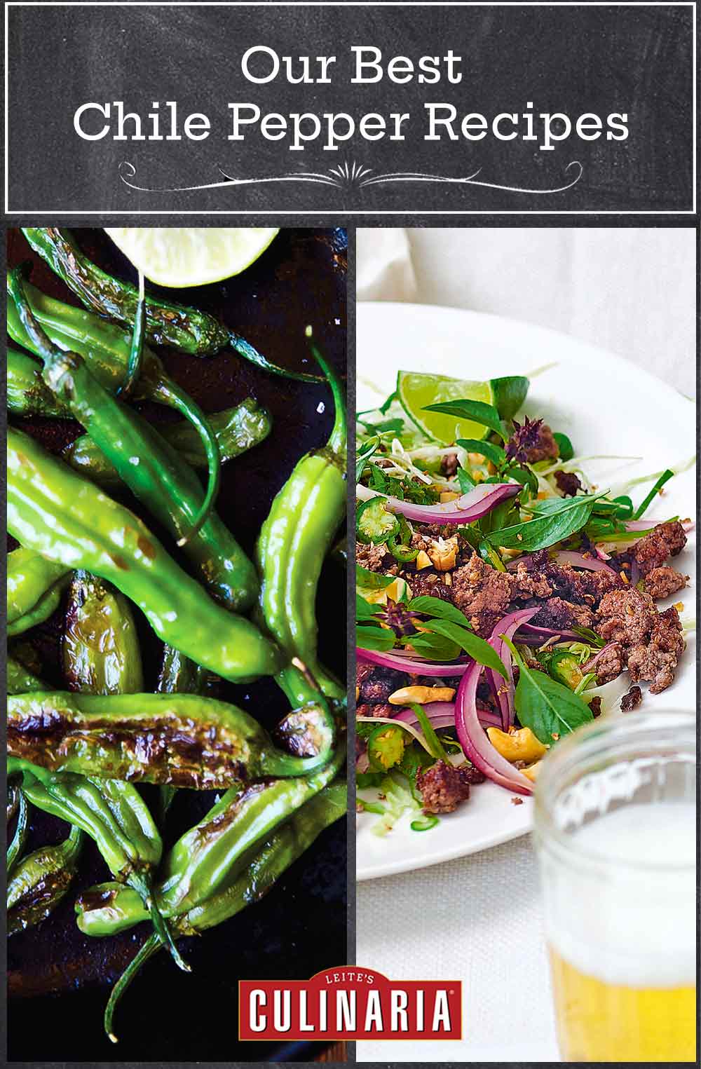 Images of two of the 15 chile pepper recipes -- blistered shishito peppers, and Thai beef salad.