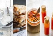 Images of four of the 7 fermentation recipes -- Greek yogurt, sourdough bread, kimchi, and hot sauce.