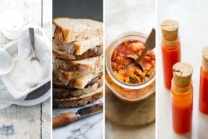 Images of four of the 7 fermentation recipes -- Greek yogurt, sourdough bread, kimchi, and hot sauce.