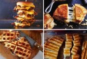 Images of four of the 21 grilled cheese recipes -- pulled pork grilled cheese, turkey reuben patty melt, waffle iron grilled cheese, and grilled cheese croutons