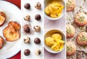 Images of four of the 16 healthy snacks recipes -- apple chips, energy balls, mango ice cream, and tahini cookies.