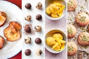 Images of four of the 16 healthy snacks recipes -- apple chips, energy balls, mango ice cream, and tahini cookies.