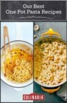 Images of 2 of the 6 one pot pasta recipes -- spaghetti with garlic and chile flakes and 3 ingredient mac and cheese.
