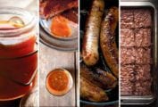 Images from the 18 paleo recipes roundup -- beef bone broth, barbecue sauce, chicken apple sausage, and brownies.