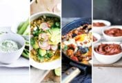 Images of four of the 14 stealthy healthy recipes -- feta dip, pozole verde, skillet eggs with chorizo, and avocado pudding.
