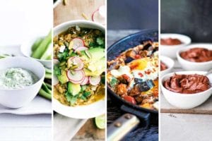 Images of four of the 14 stealthy healthy recipes -- feta dip, pozole verde, skillet eggs with chorizo, and avocado pudding.