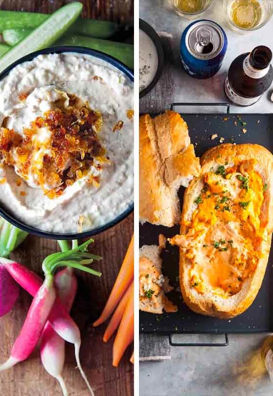 Images of four of the 11 Super Bowl dip recipes -- blue cheese dip, onion dip, buffalo chicken dip, and seven layer dip.