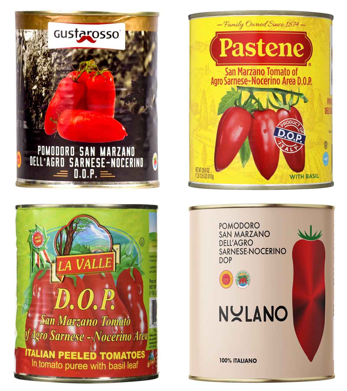 our cans of San Marzano DOP tomatoes sold in the US — Gustarosso, Pastene, La Valle, and Nolano — shown in a two-by-two grid with their front labels facing out.