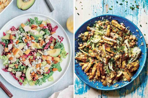 Two satisfying salads--a chopped salad and a chicken and preserved lemon salad