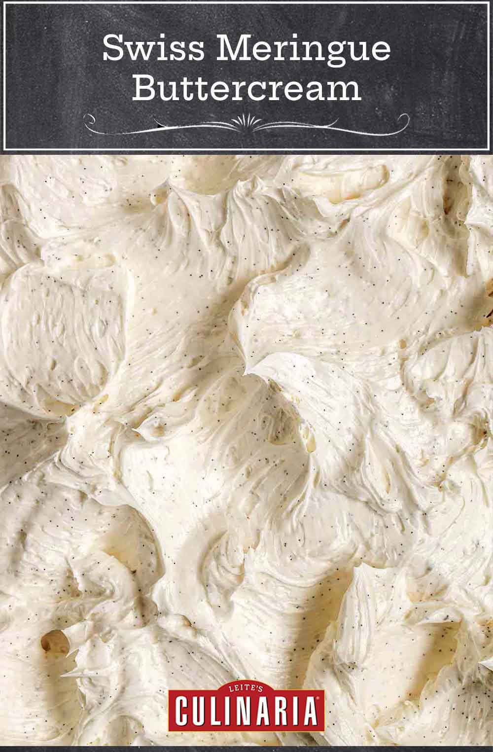 Whipped Swiss meringue buttercream with flecks of vanilla.