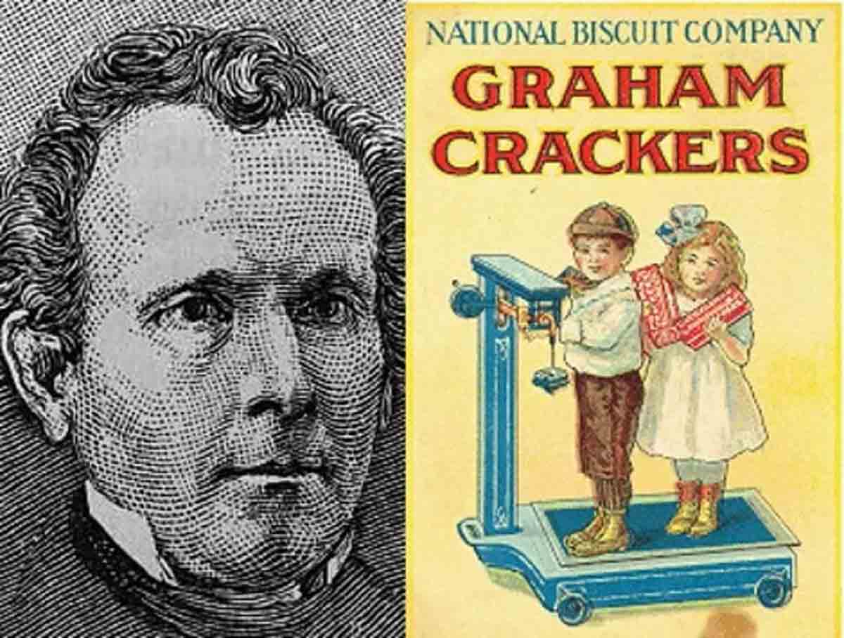 A picture of Sylvester Graham, the inventor of graham crackers along side a vintage poster of two children on a scooter