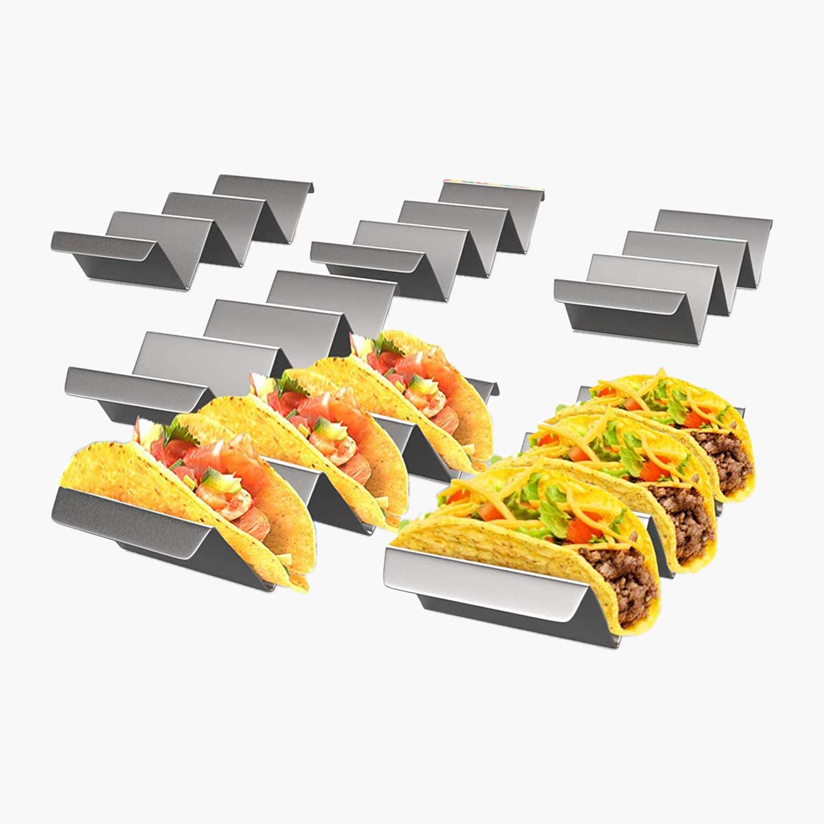 Metal taco stands, one of the items for everything you could possibly need for taco night at home.