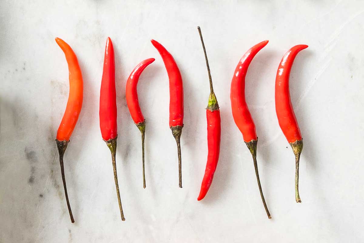 Seven Thai chile peppers as illustration for 'what's the difference among chile peppers?'
