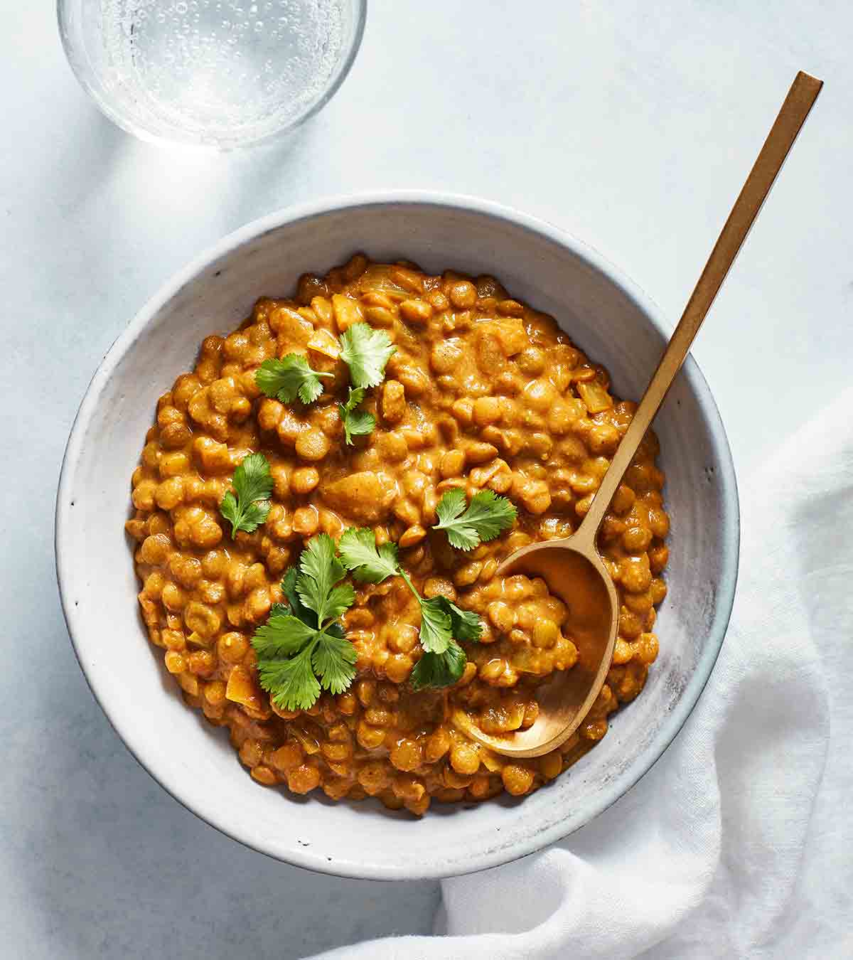 A white bowl filled with tikka masala lentil, garnished with cilantro, with a wooden spoon resting inside.