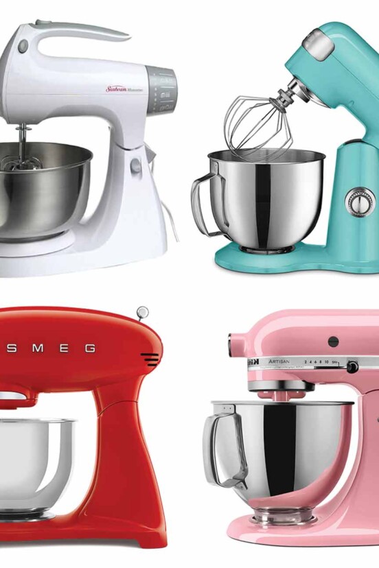 A grid of four different stand mixers, white, turquoise, red and pink.