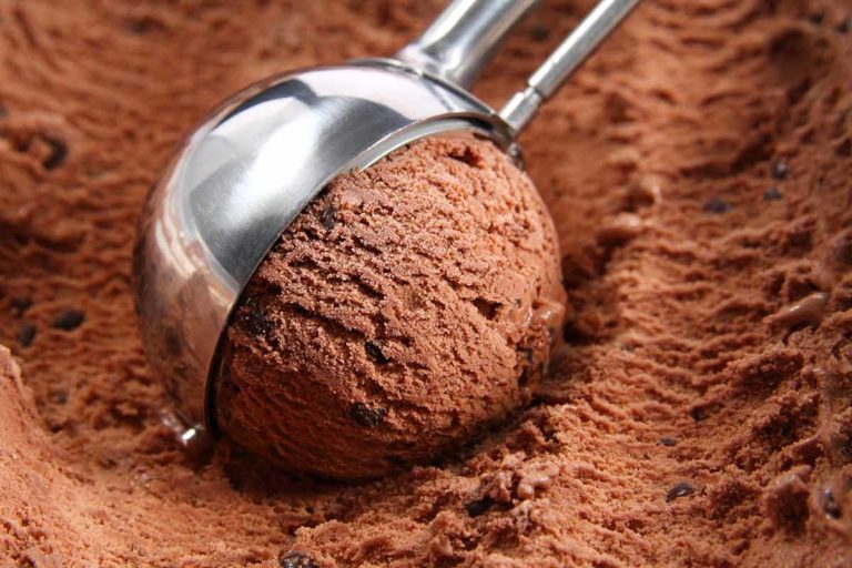 An ice cream scoop in chocolate ice cream.