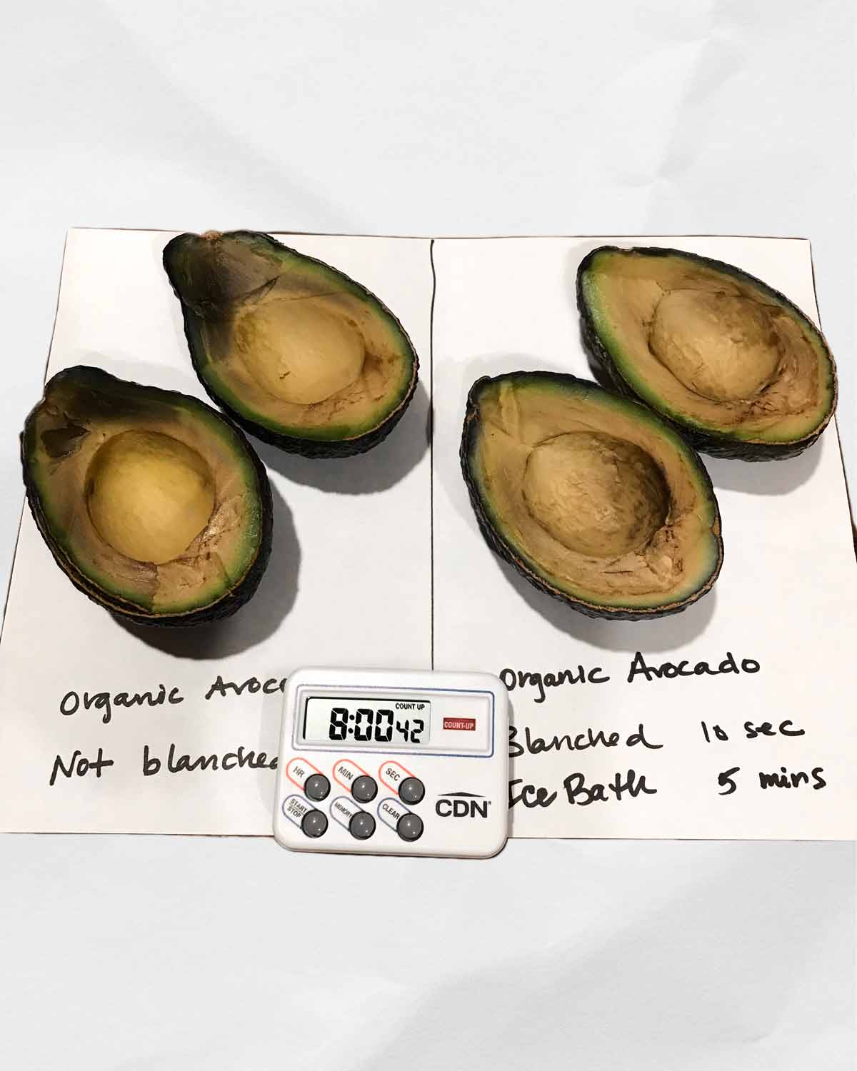 Two halved avocados on a paper with a timer for the experiment 'I Tried Blanching Avocados. Here's What Happened.'
