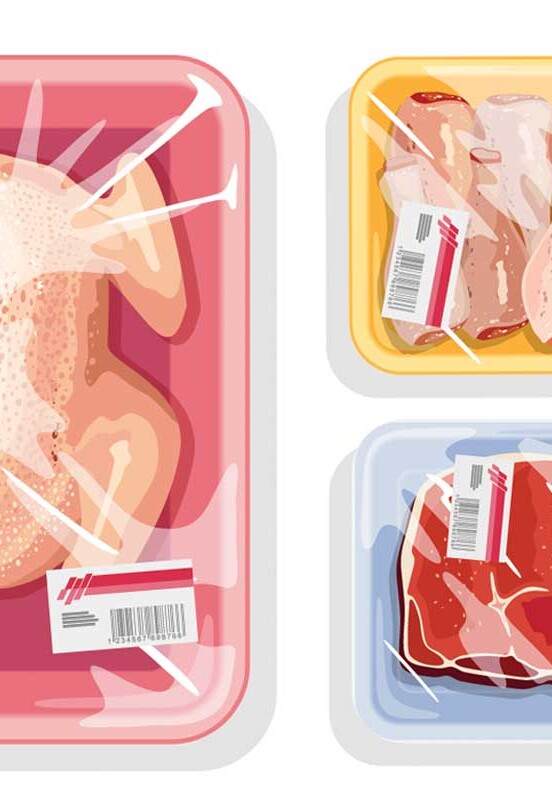 An illustration of packaged chicken and meat as an example of the best cheap cuts of meat you can buy.