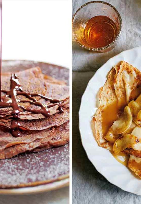 Two images: One of chocolate crepes, the other of crepes dentelle