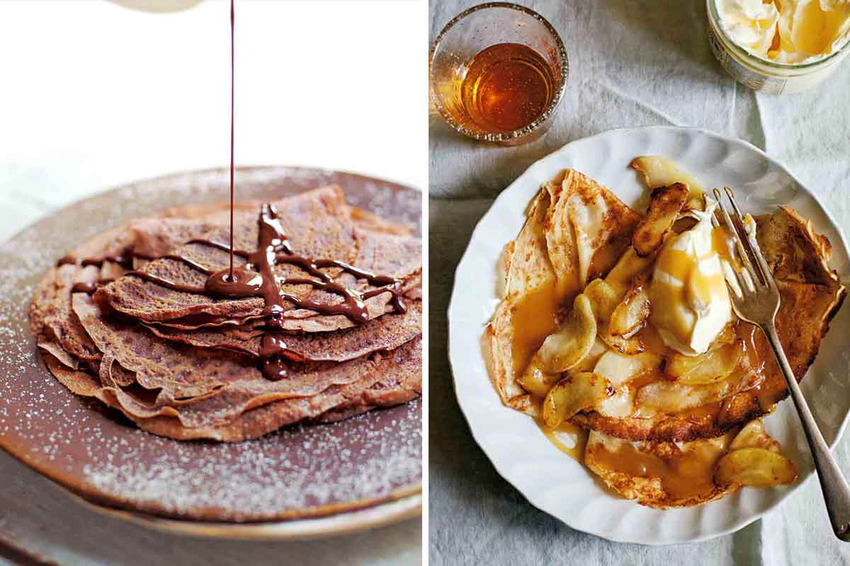 Two images: One of chocolate crepes, the other of crepes dentelle