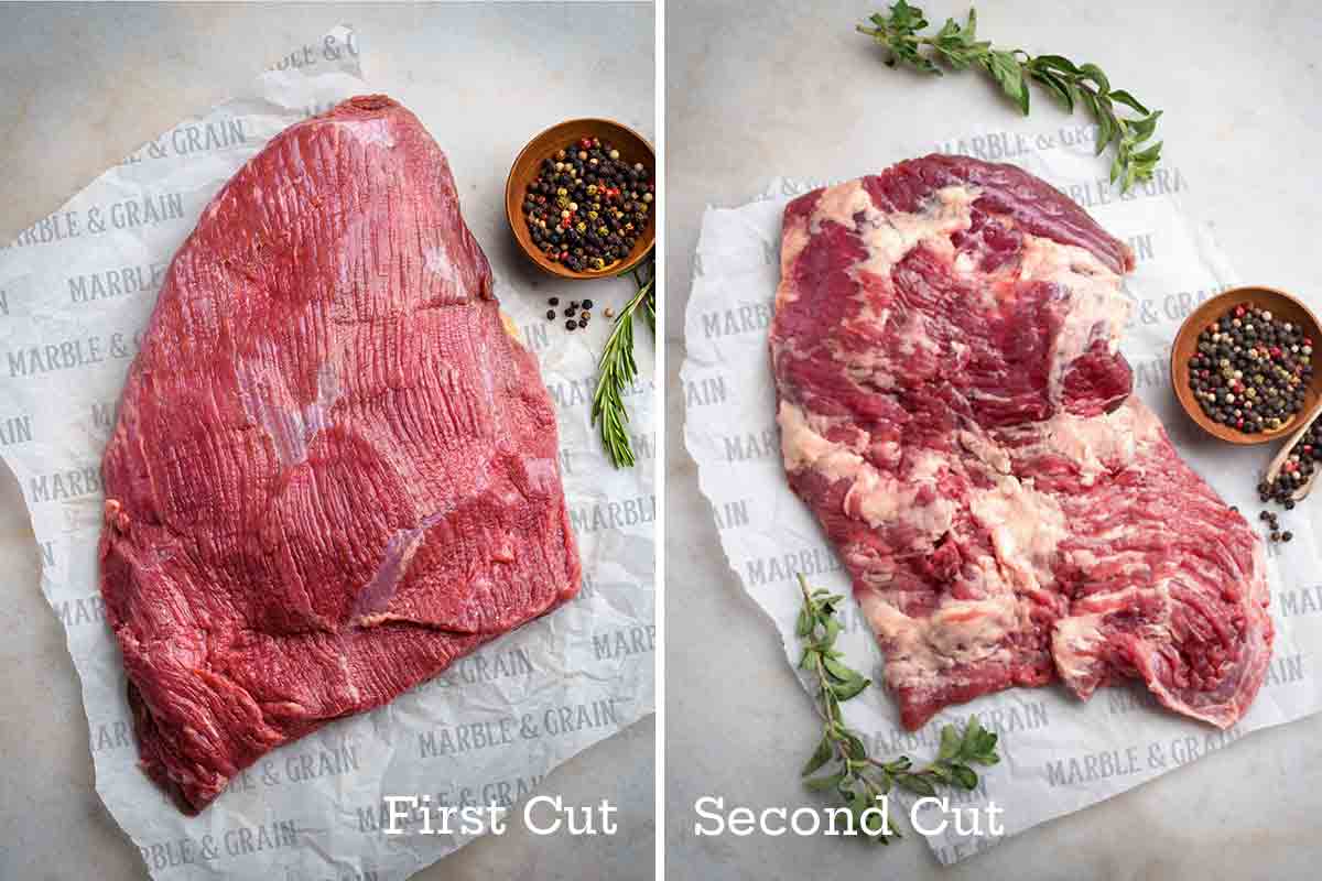 A side-by-side comparison of first cut (lean) and second cut (fattier) brisket, displayed on butcher paper with black peppercorns and fresh herbs.