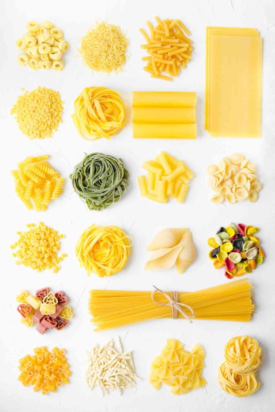 Assorted shapes of dried pasta as an illustration of how to choose the best pasta shape for your sauce.