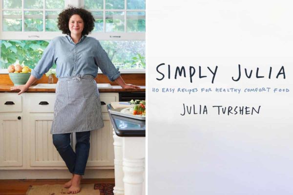An image of Julia in her kitchen and the title of her new cookbook for the podcast Talking With My Mouth Full, Ep. 40: Cookbook Author Julia Turshen on Feeding Others