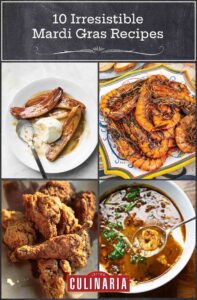 Images of four of the 10 Mardi Gras recipes -- baked shrimp with creole sauce, Cajun fried chicken, Cajun shrimp and sausage gumbo, and bananas foster