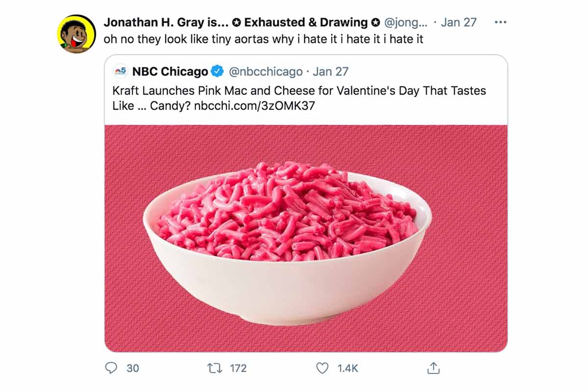 A tweet in reaction to Kraft introducing pink mac and cheese.