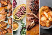 Images of two of the the absolute best Super Bowl recipes for 2021 -- peppery chicken wings, beef chili tacos, ribs, and baked potato chips.