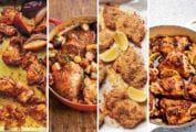 Images of 4 of the 29 chicken thigh recipes -- chicken shawarma, beer braised chicken thighs, oven fried chicken thighs, and roast lemon chicken thighs.