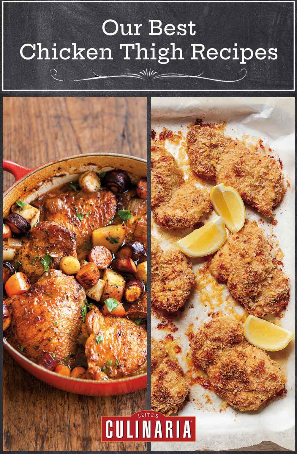 Images of 2 of the 29 chicken thigh recipes -- beer braised chicken thighs and oven fried chicken thighs.