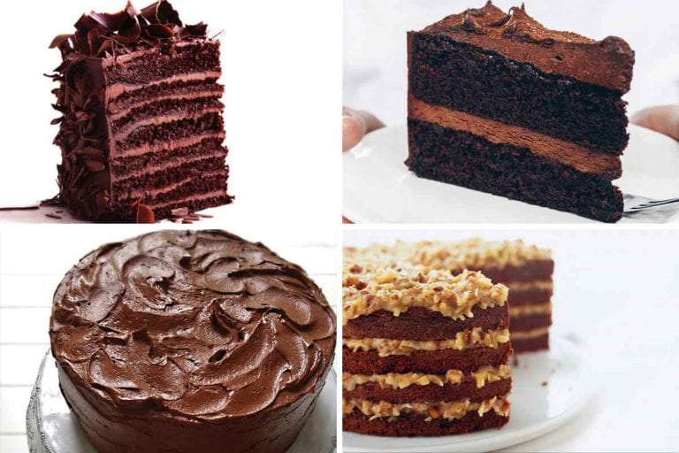 Four of the 18 chocolate cake recipes -- red eye devil's food cake, basic chocolate cake, hershey's redux cake, and German chocolate cake.