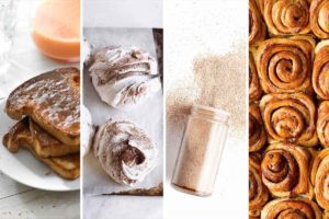 Images of four of the 32 warming cinnamon recipes -- cinnamon toast, chocolate cinnamon meringues, cinnamon sugar, and cinnamon rolls.